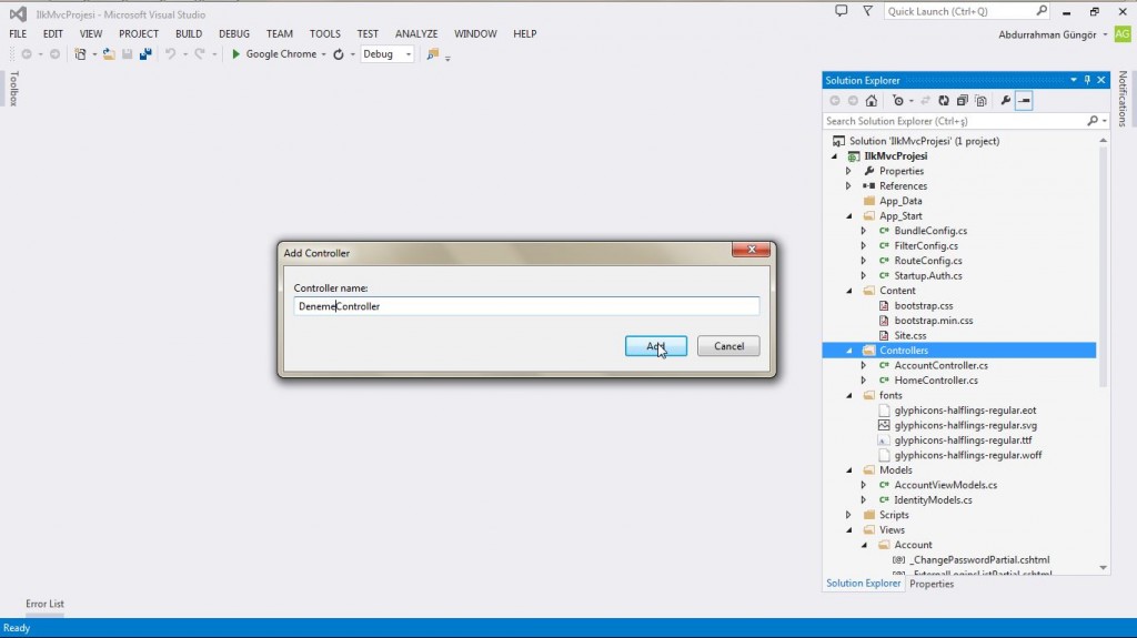 Controller isimlendirme ekranı