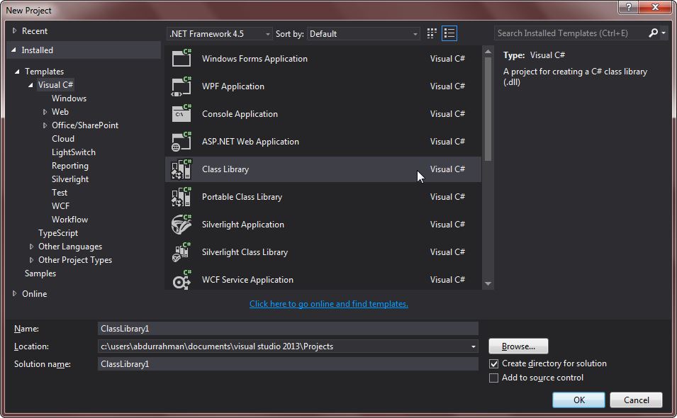 Class Library projesi açma