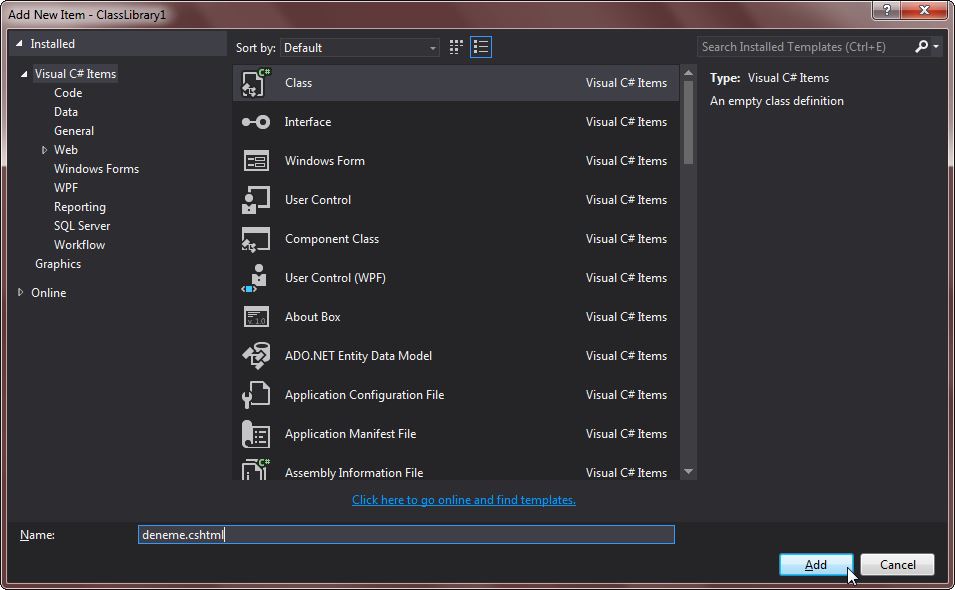 Projeye yeni class ekleme