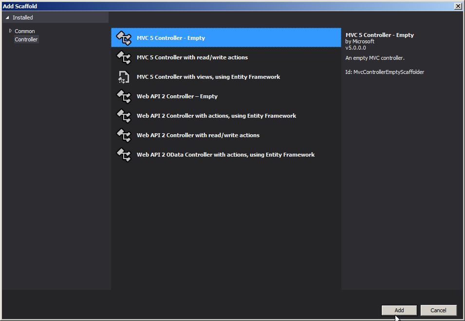 Controller ekleme ekranı