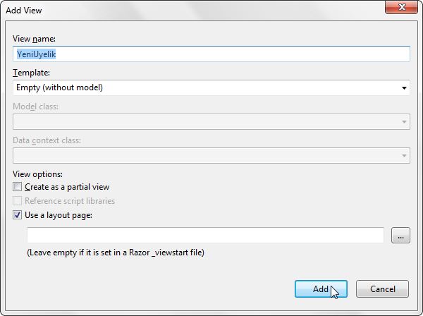 Yeni üyelik View eklenmesi