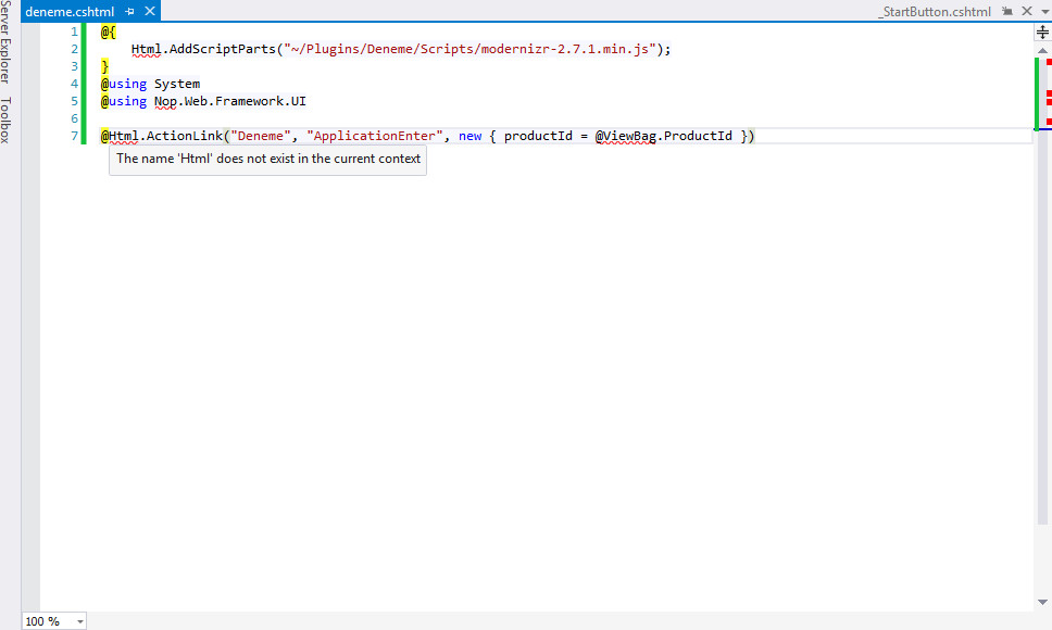 NopCommerce View Intellisense hatası