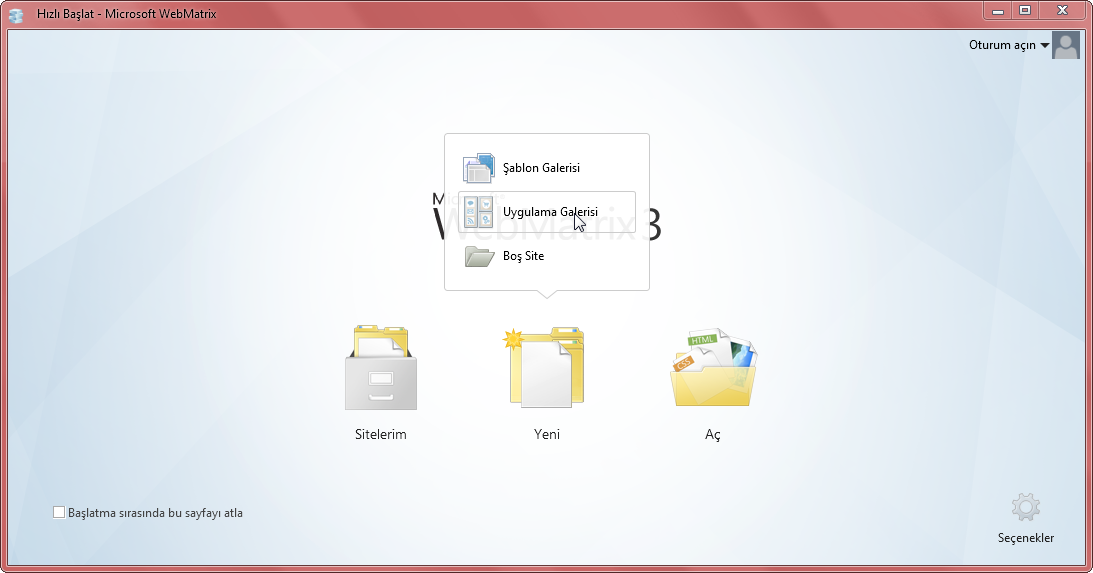 Web matrix yeni uygulama
