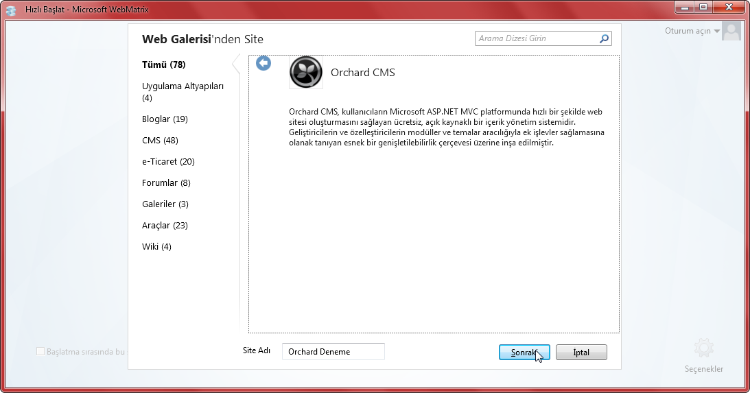 Orchard cms bilgilendirme ekranı
