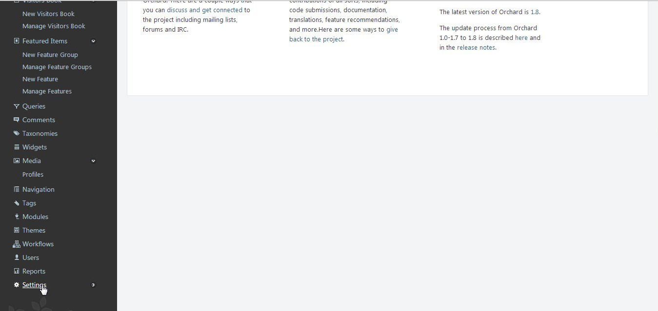 Orchard yönetim menüsü